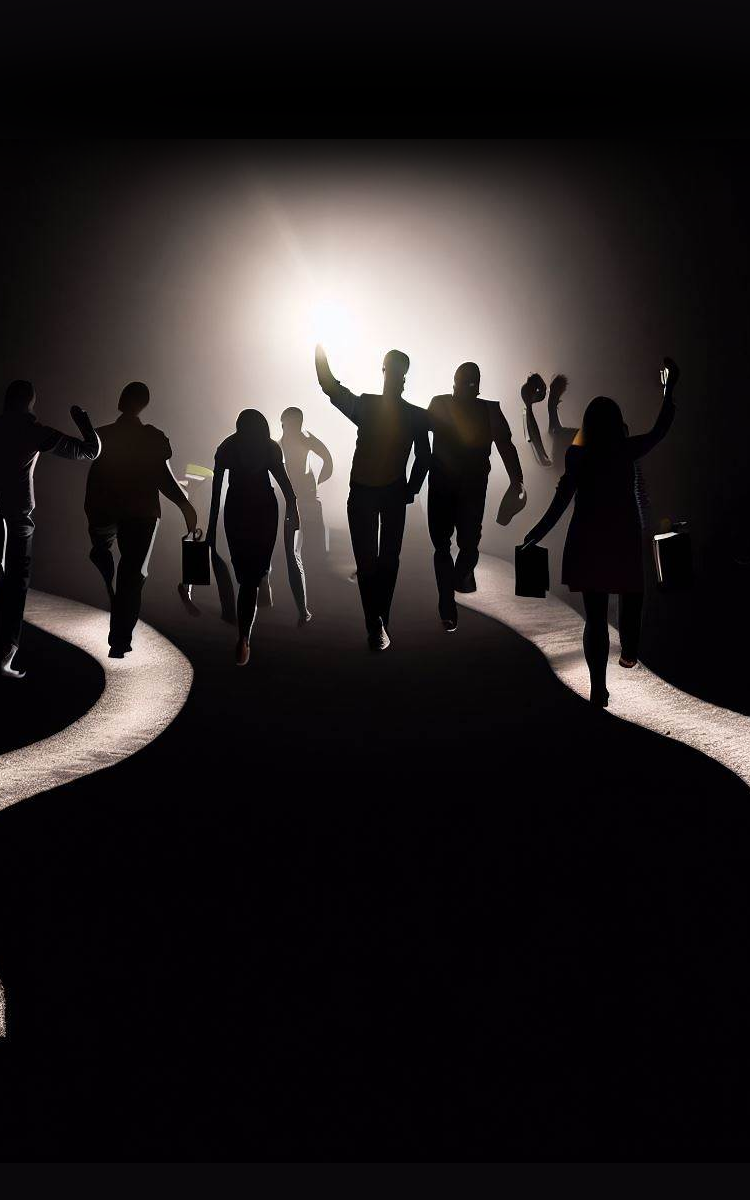 People hugging their necks and laughing together walking toward the light in the dark background.